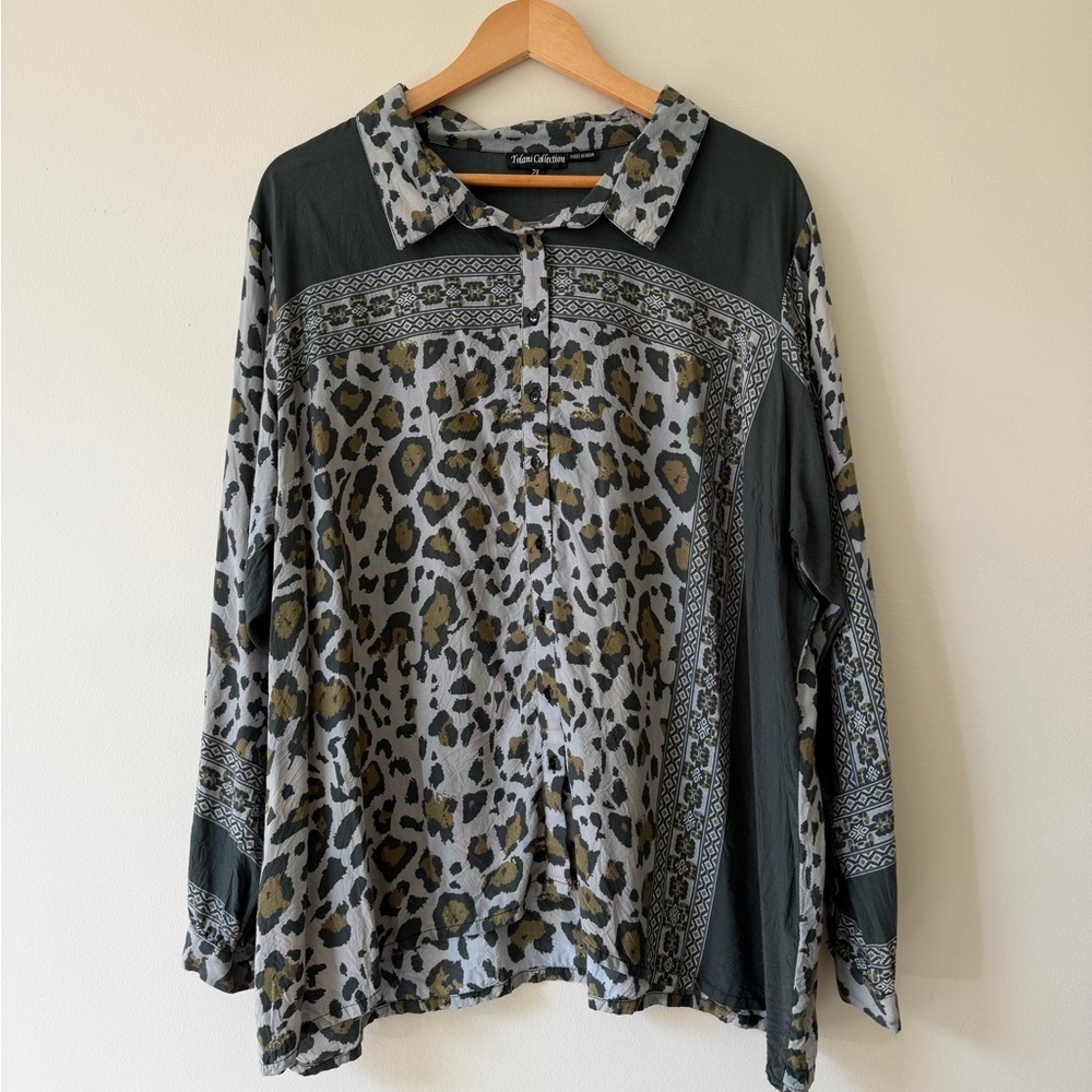 Tolani Anthropologie Modal Button Up Leopard Print Mixed Print Boho 2X Blue